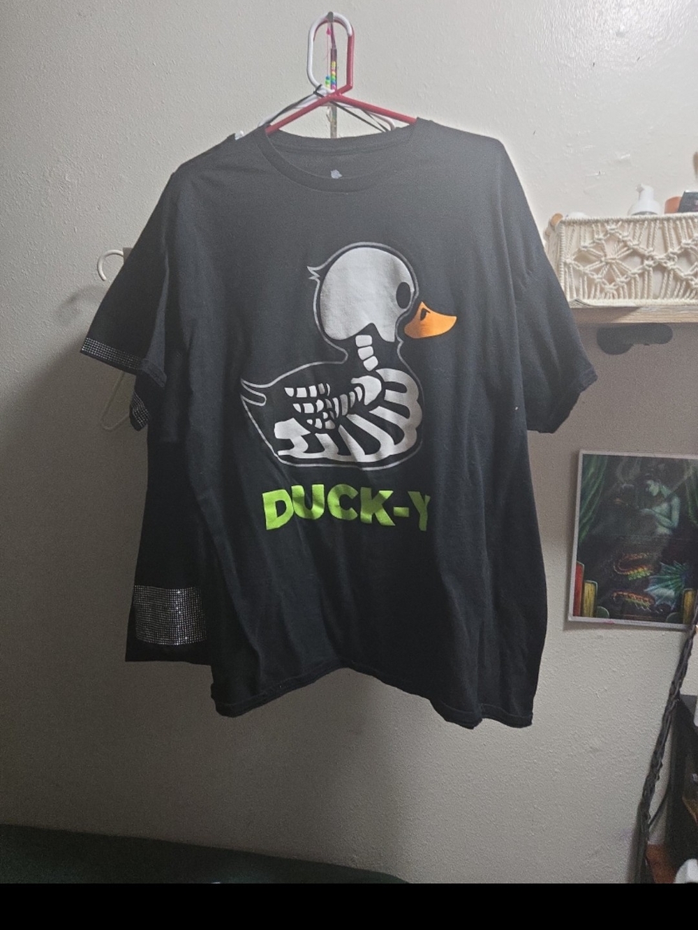 Spencer's Black Graphic Tee with White Skeleton Duck and Lime Text